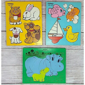 Vintage Playskool Wooden Puzzles Lot Of 3 Bath Hippo Pets Made in the USA 11"